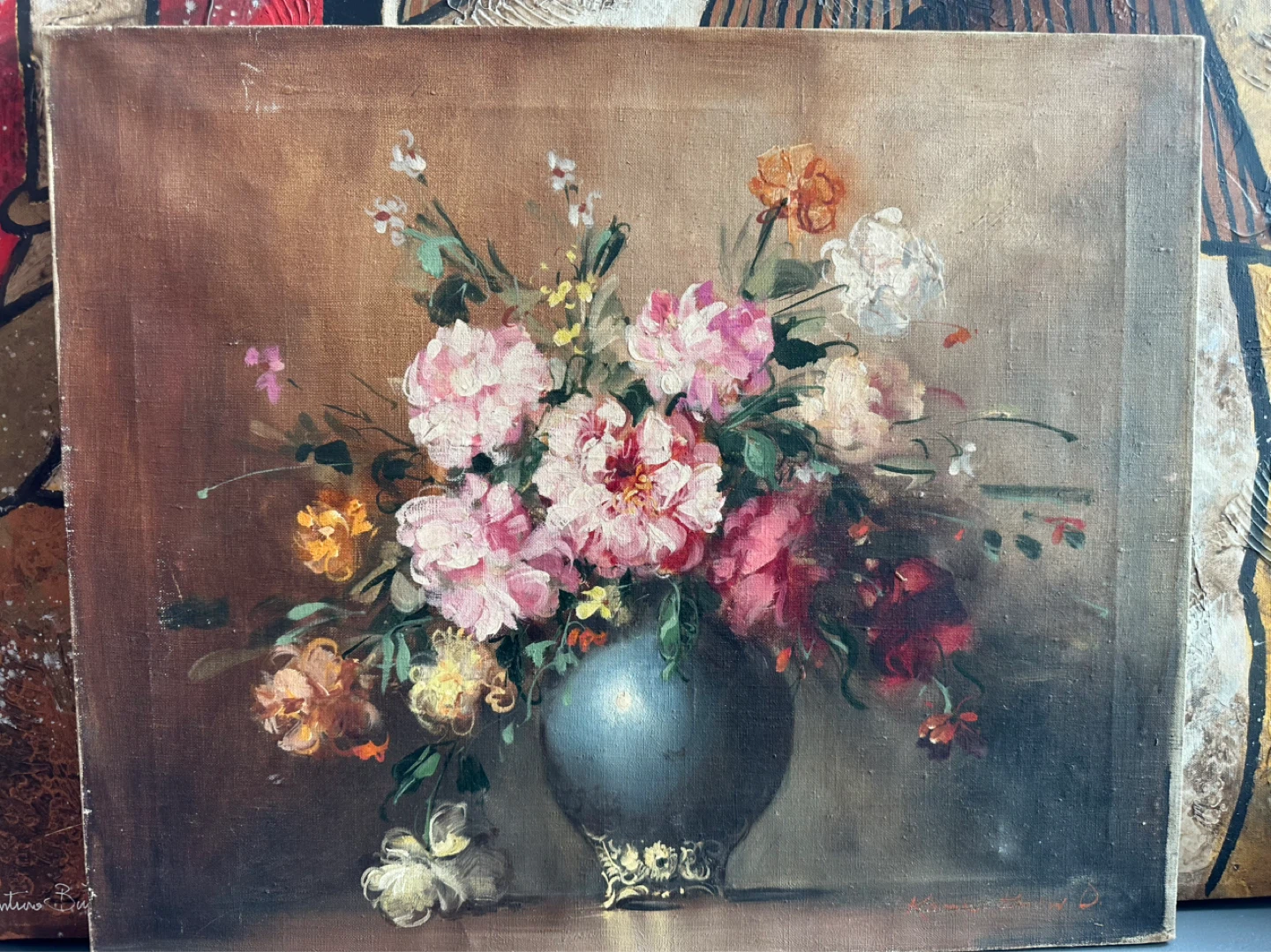 Oil Painting Still Life Floral Arrangement in Vase