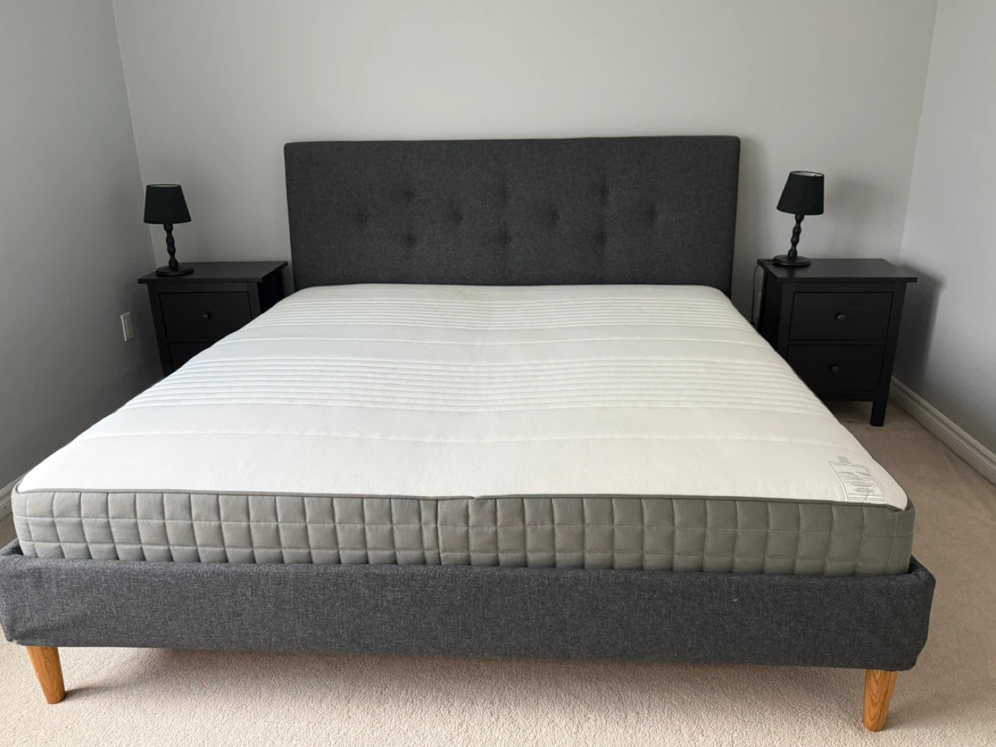 Ikea bed frame with mattress, 2 drawers and 2 table lamps