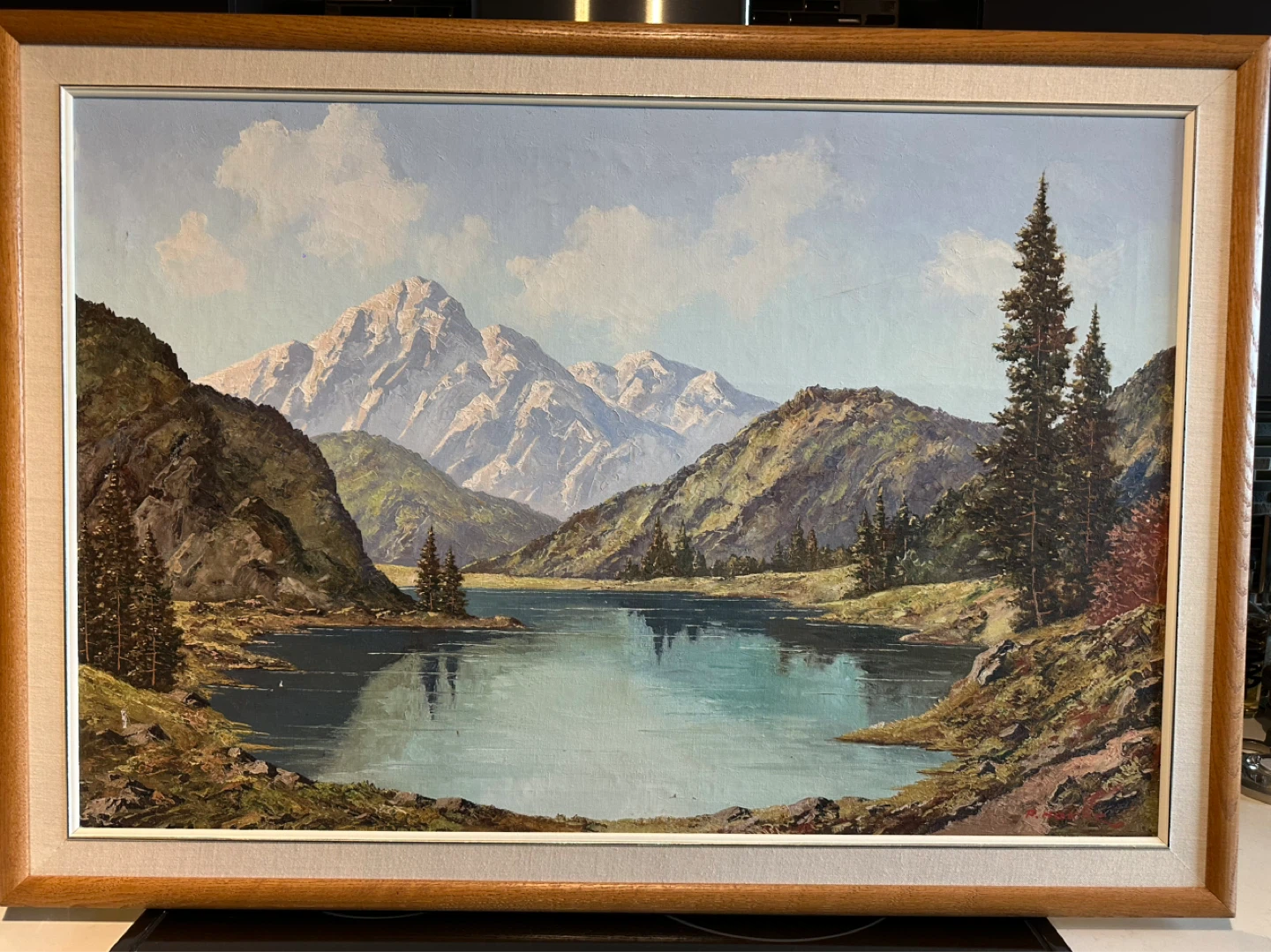 Framed Mountain Lake Landscape Painting