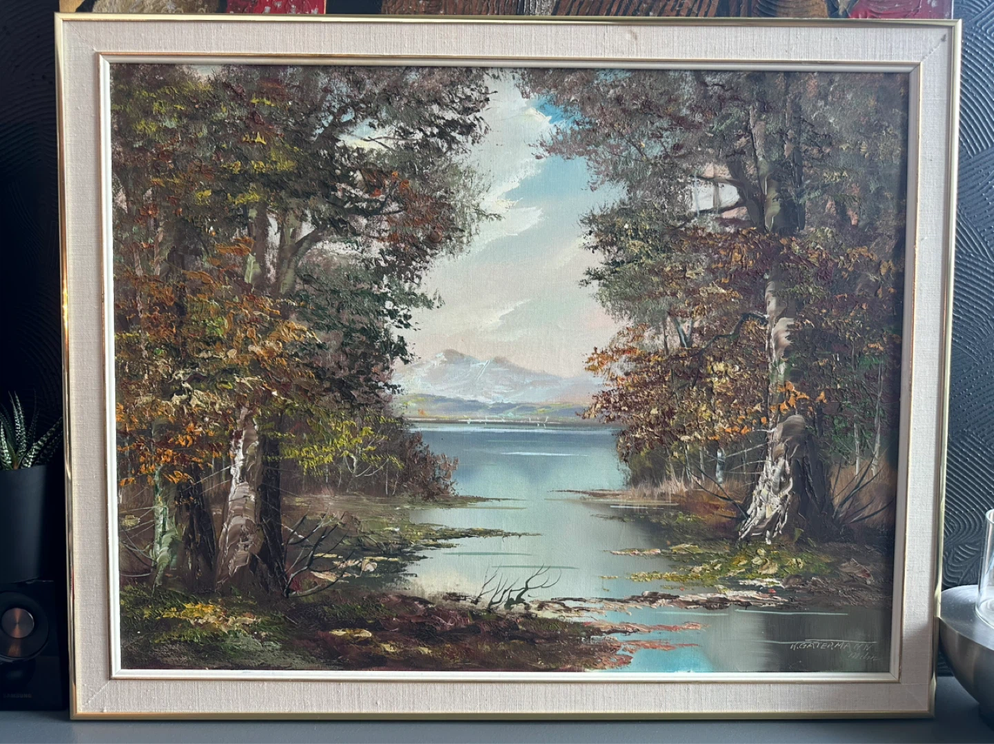 Framed Oil Painting - Lakeside Forest Scene