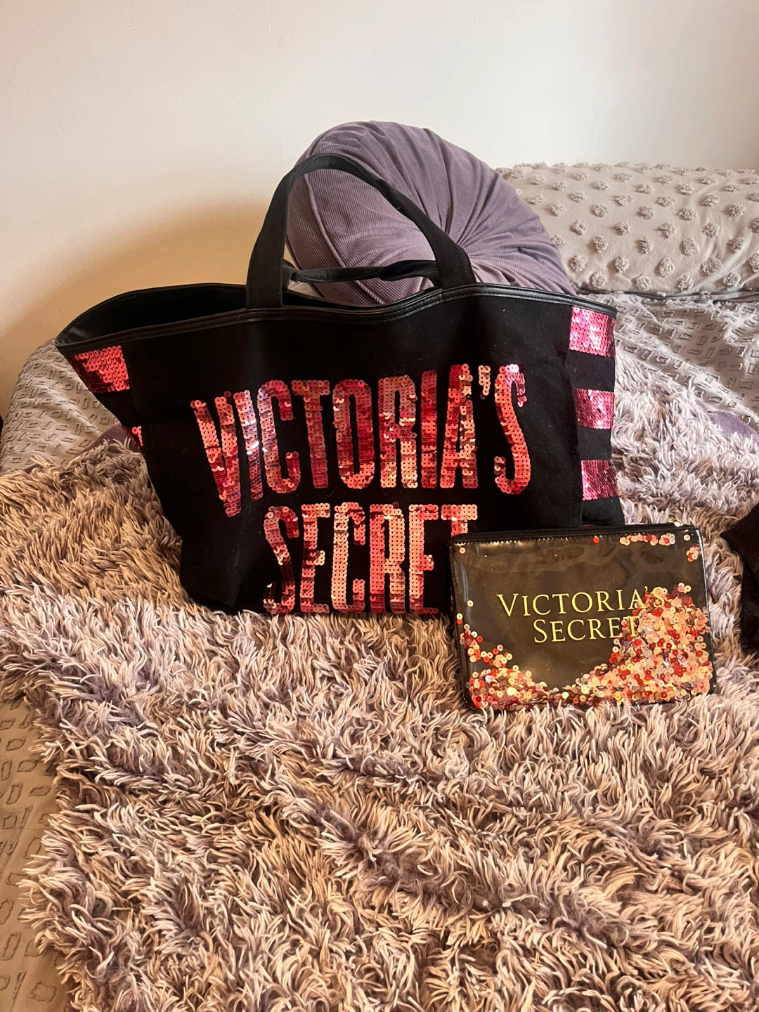 Victoria's Secret Sequin Tote Bag and Cosmetic Pouch Set