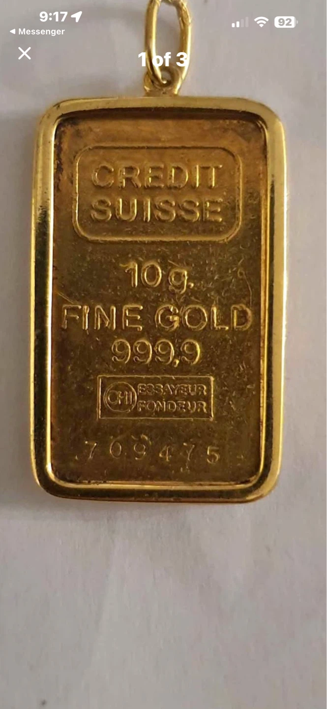 Credit Suisse 10g Fine Gold 999.9 Bar Pendant