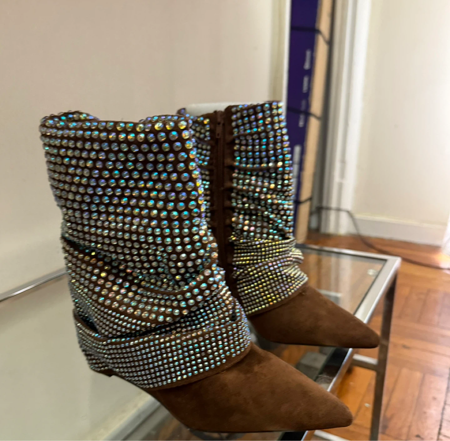 Brown Suede Rhinestone Embellished Boots