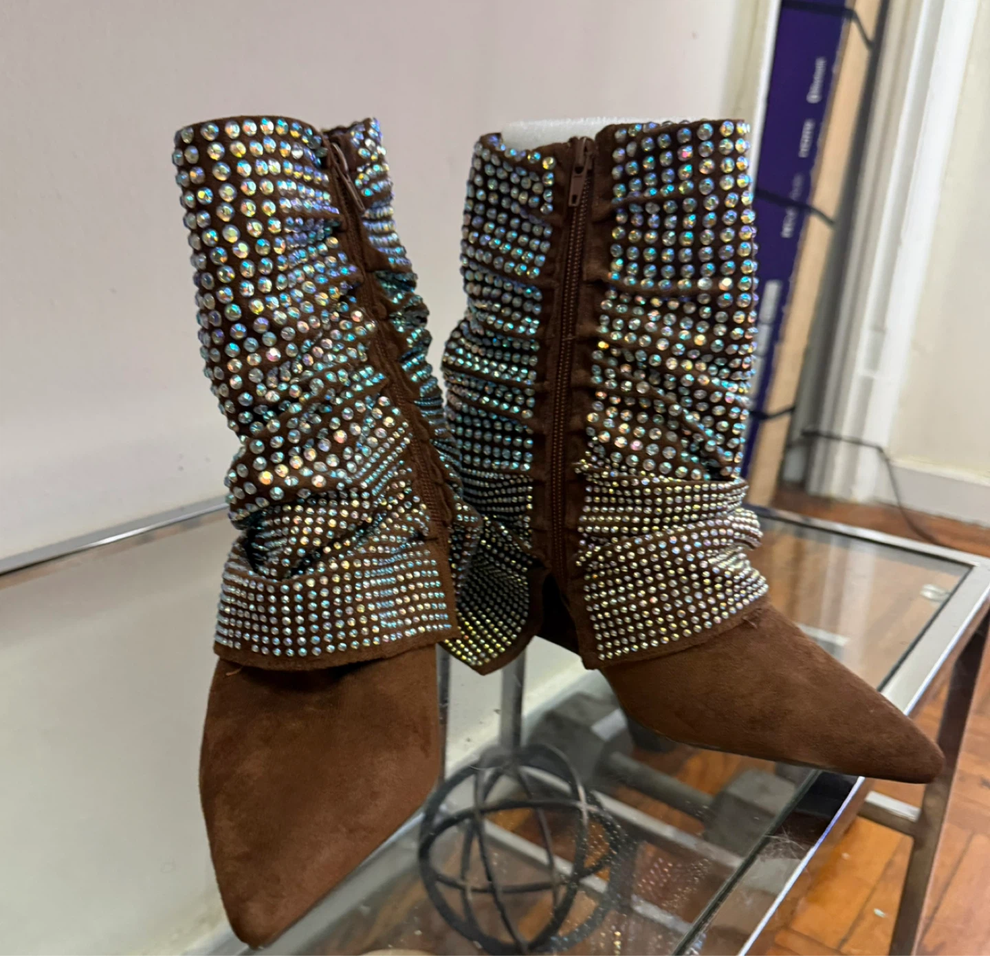 Brown Suede Rhinestone Embellished Boots - photo 2