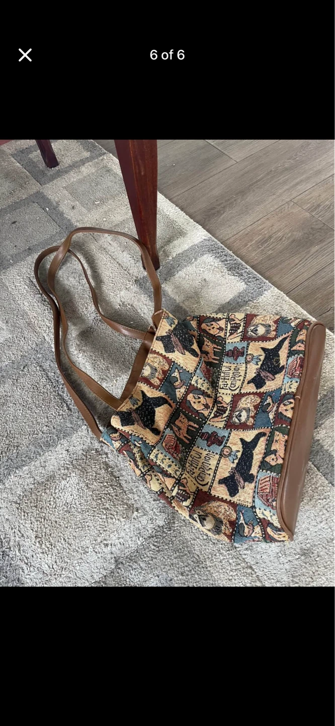 Tapestry Tote Bag with Leather Accents