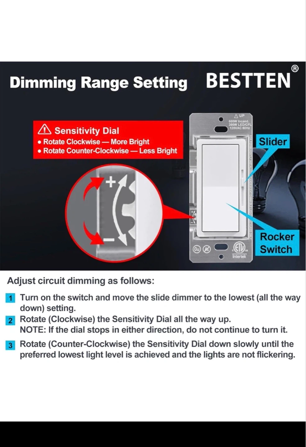 BESTTEN Single Pole/3-Way LED Dimmer Switch - photo 3