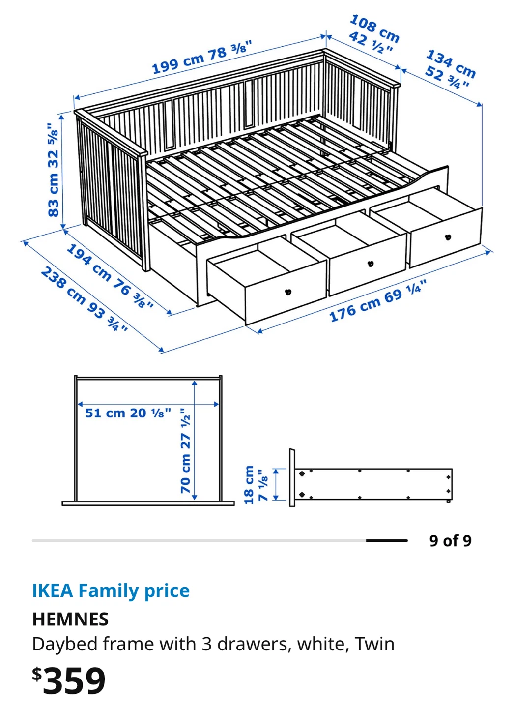 IKEA HEMNES Daybed Frame with 3 Drawers, White, Twin - photo 3
