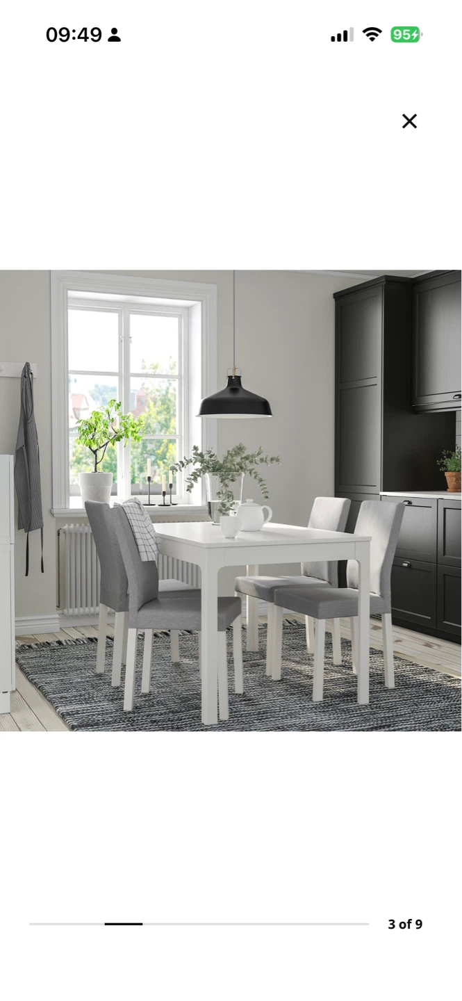 IKEA white dining table with grey chairs and bench