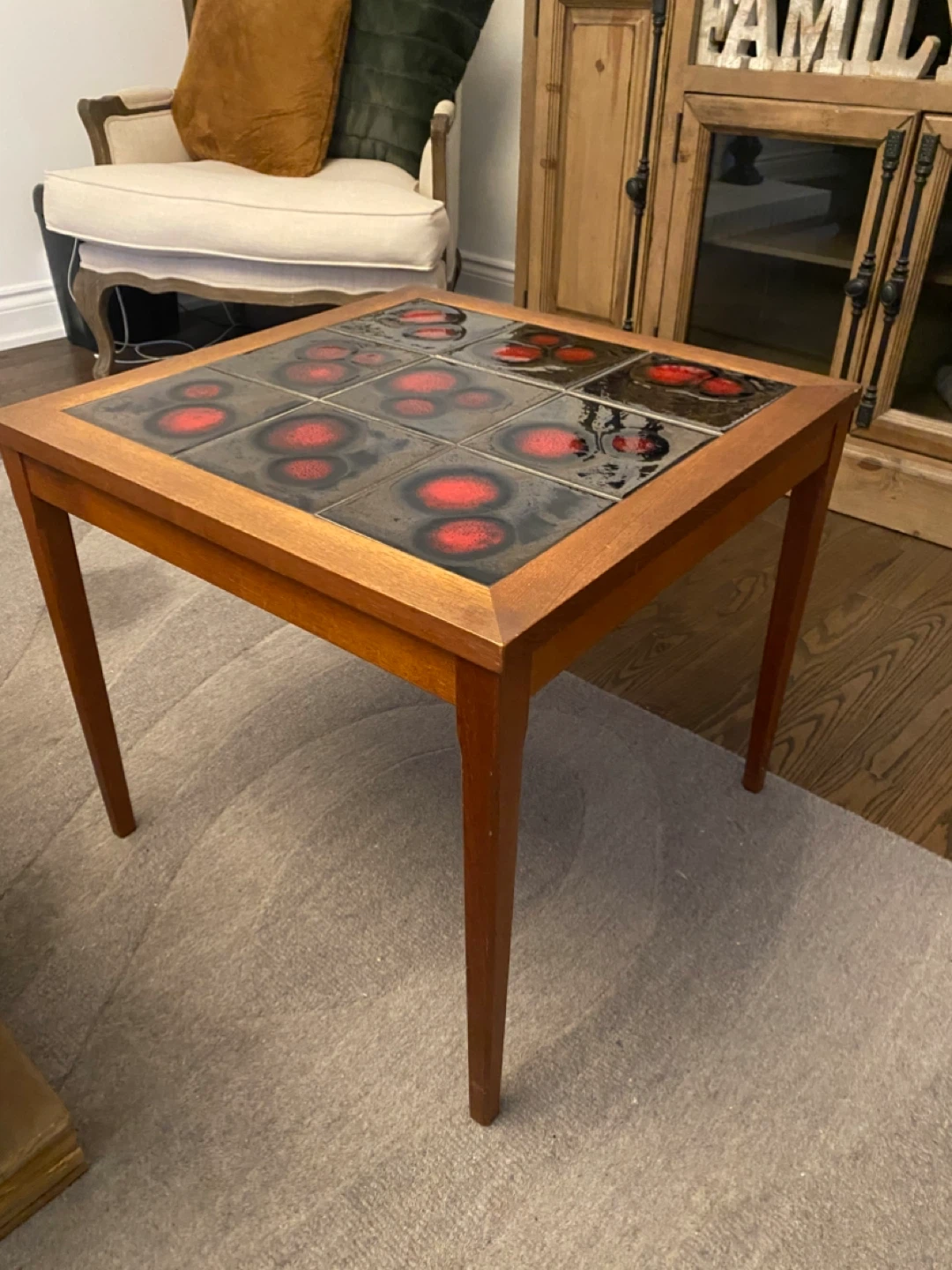 Teak Side Table with Red Tile Inlay