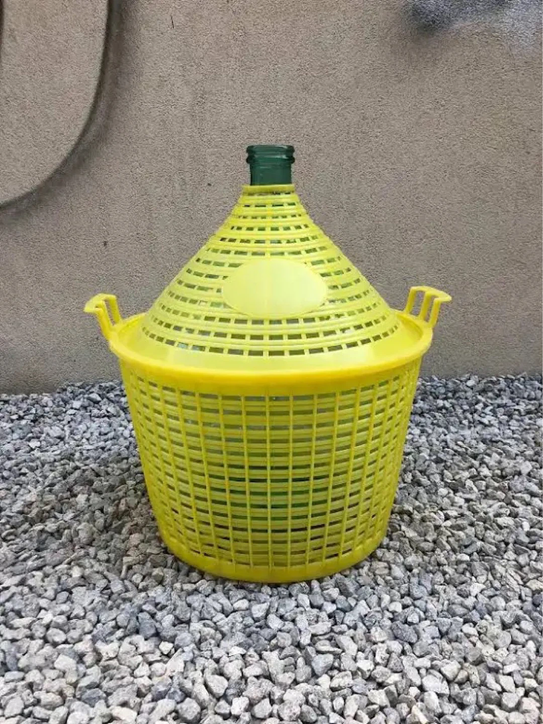 Large Green Glass Demijohn Bottle in Wicker Basket