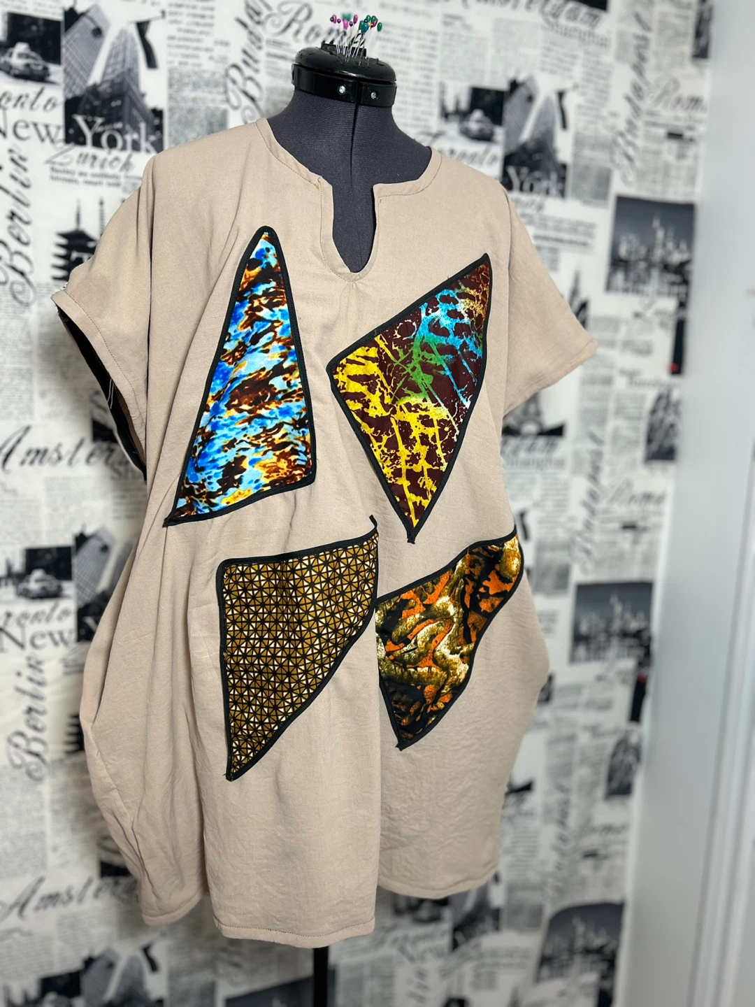 Beige Tunic short dress with Patchwork African print - photo 2