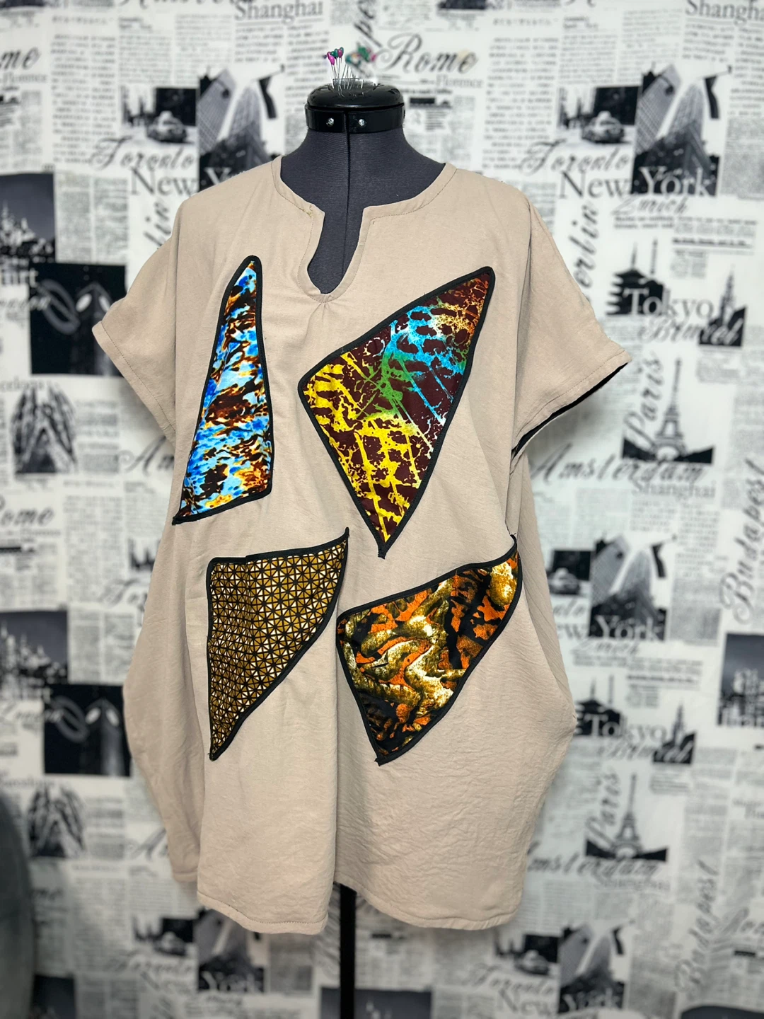 Beige Tunic short dress with Patchwork African print