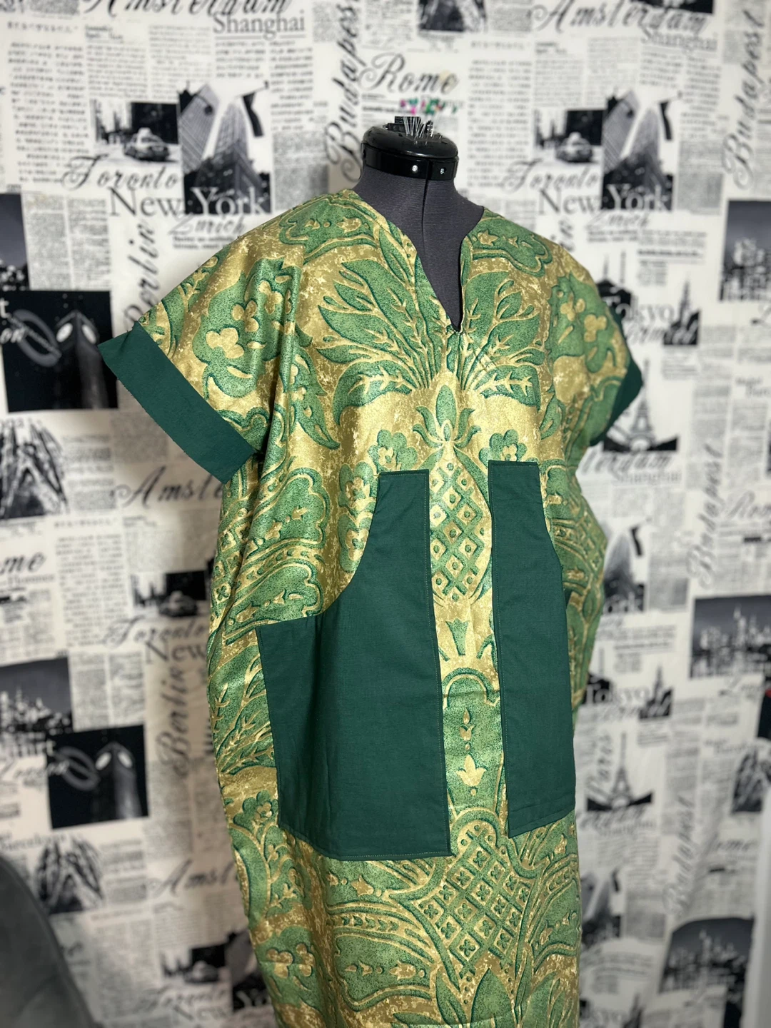 Green and Gold Patterned Kaftan Dress