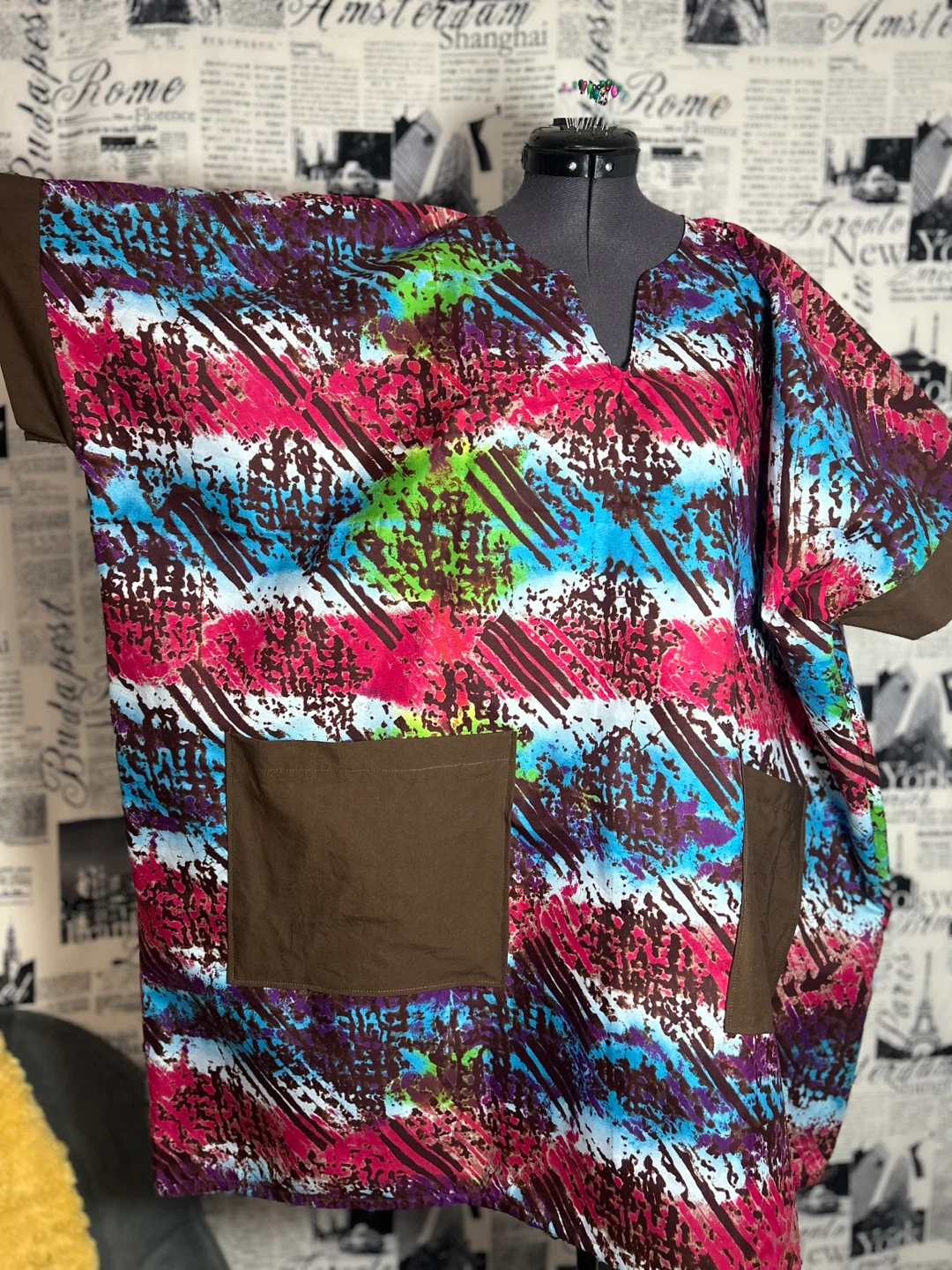 Colourful Abstract Print Short Kaftan with Pockets - photo 2