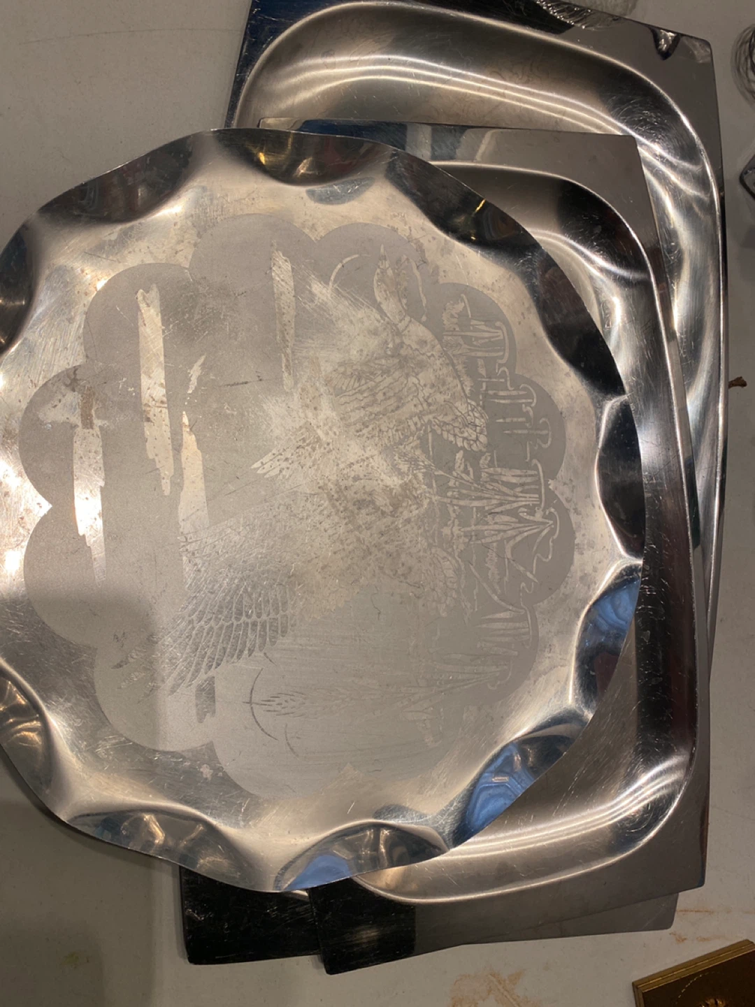 Vintage Scalloped Edge Serving Tray with Etched Bird Design