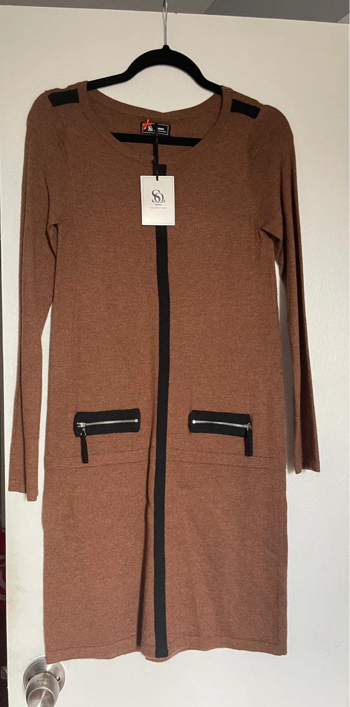 Designer Brown knit dress with black trim, Size M