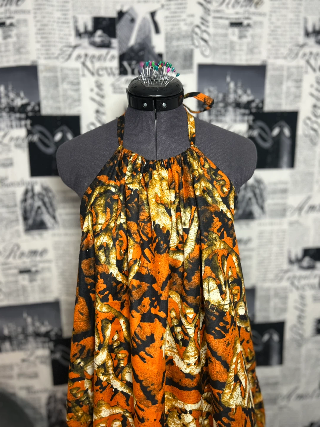 Boho Halter Neck Short Dress - Orange & Black Print
