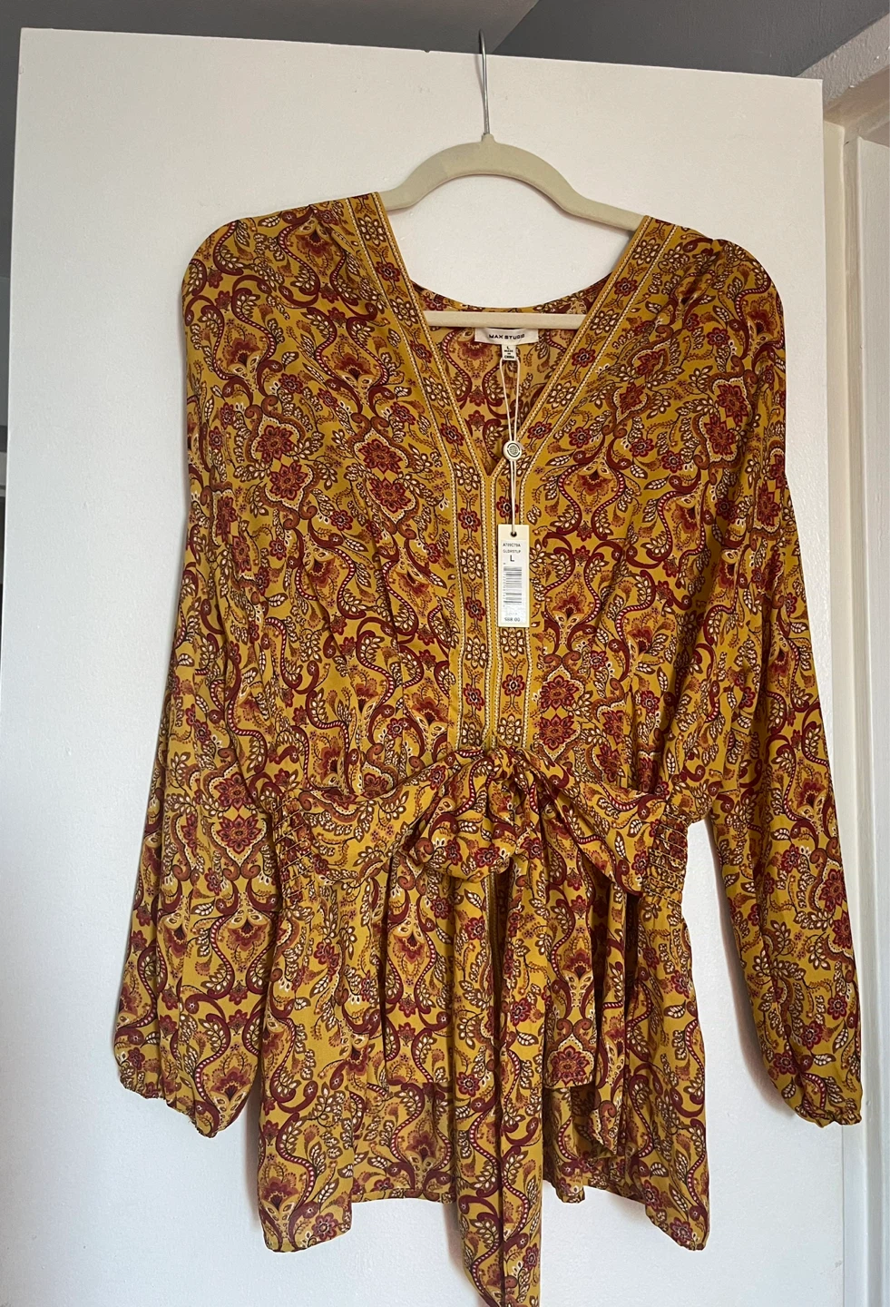MAX STUDIO Yellow Paisley Print Smocked Waist Blouse Size L