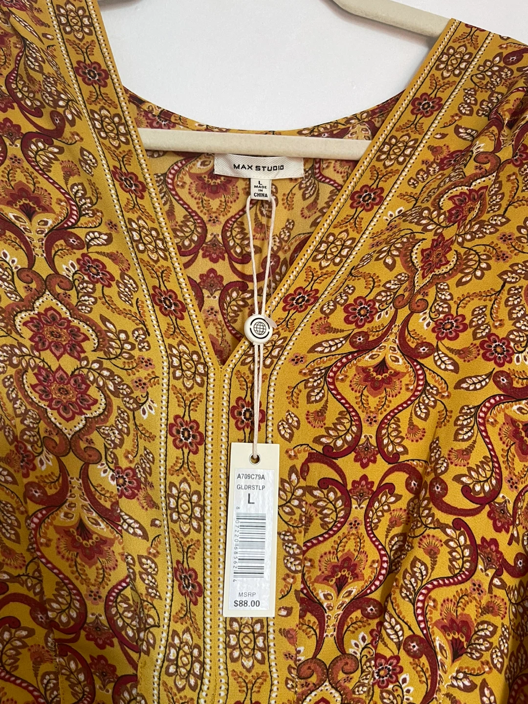 MAX STUDIO Yellow Paisley Print Smocked Waist Blouse Size L - photo 2