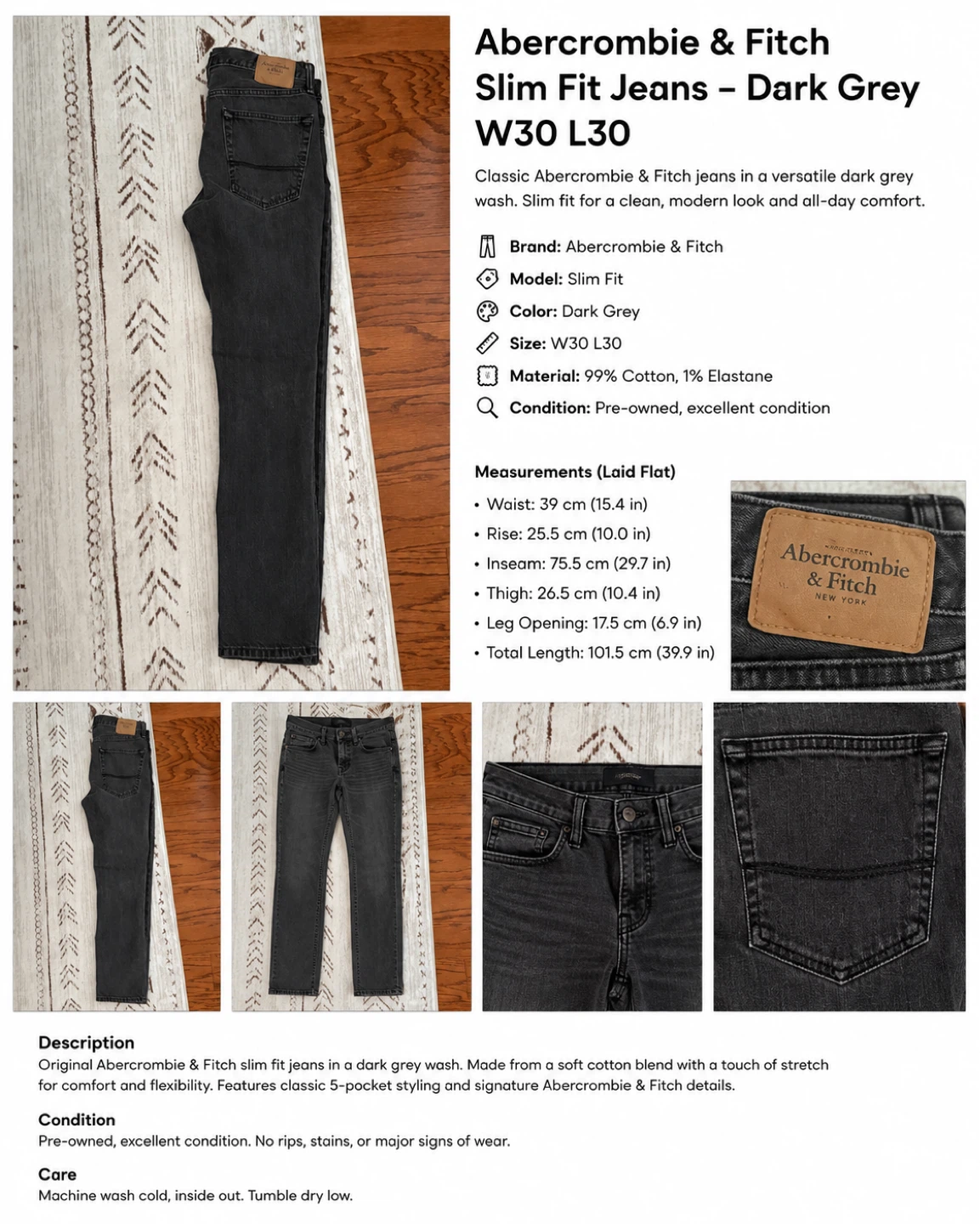 Abercrombie & Fitch Slim Fit Jeans - Dark Grey W30 L30
