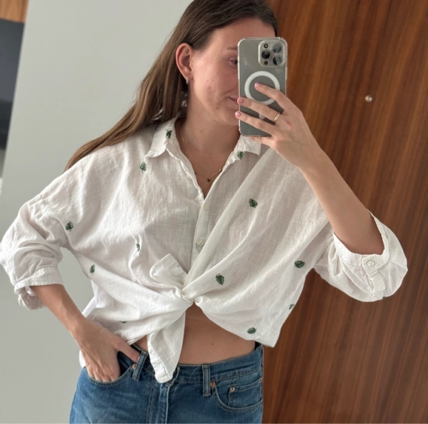 White Linen Shirt with Leaf Embroidery