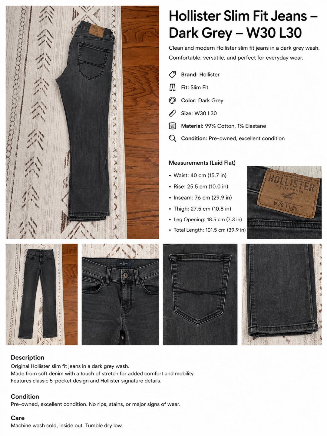 Hollister Slim Fit Jeans - Dark Grey - W30 L30