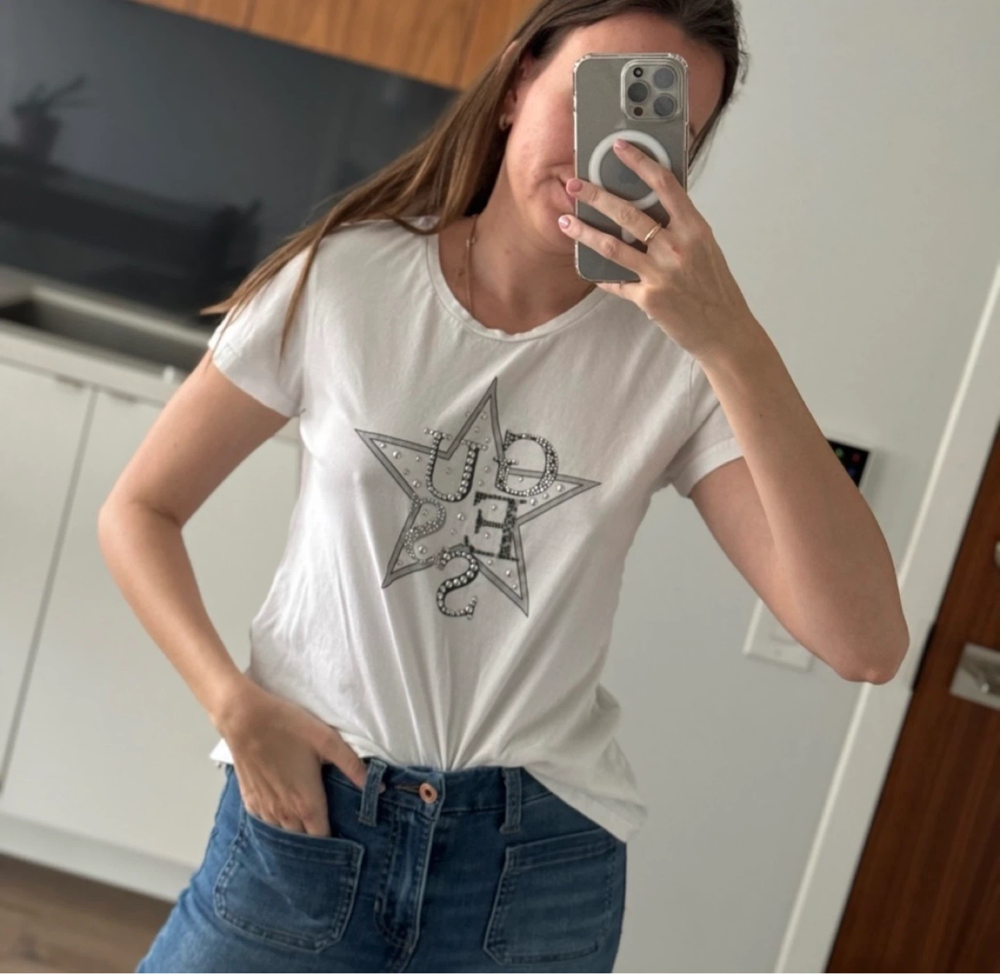 Guess White T-Shirt with Rhinestone Star