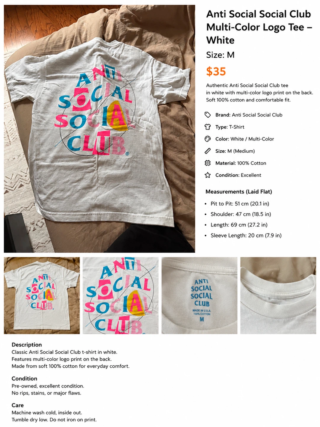 Anti Social Social Club Multi-Color Logo Tee - White - Size M