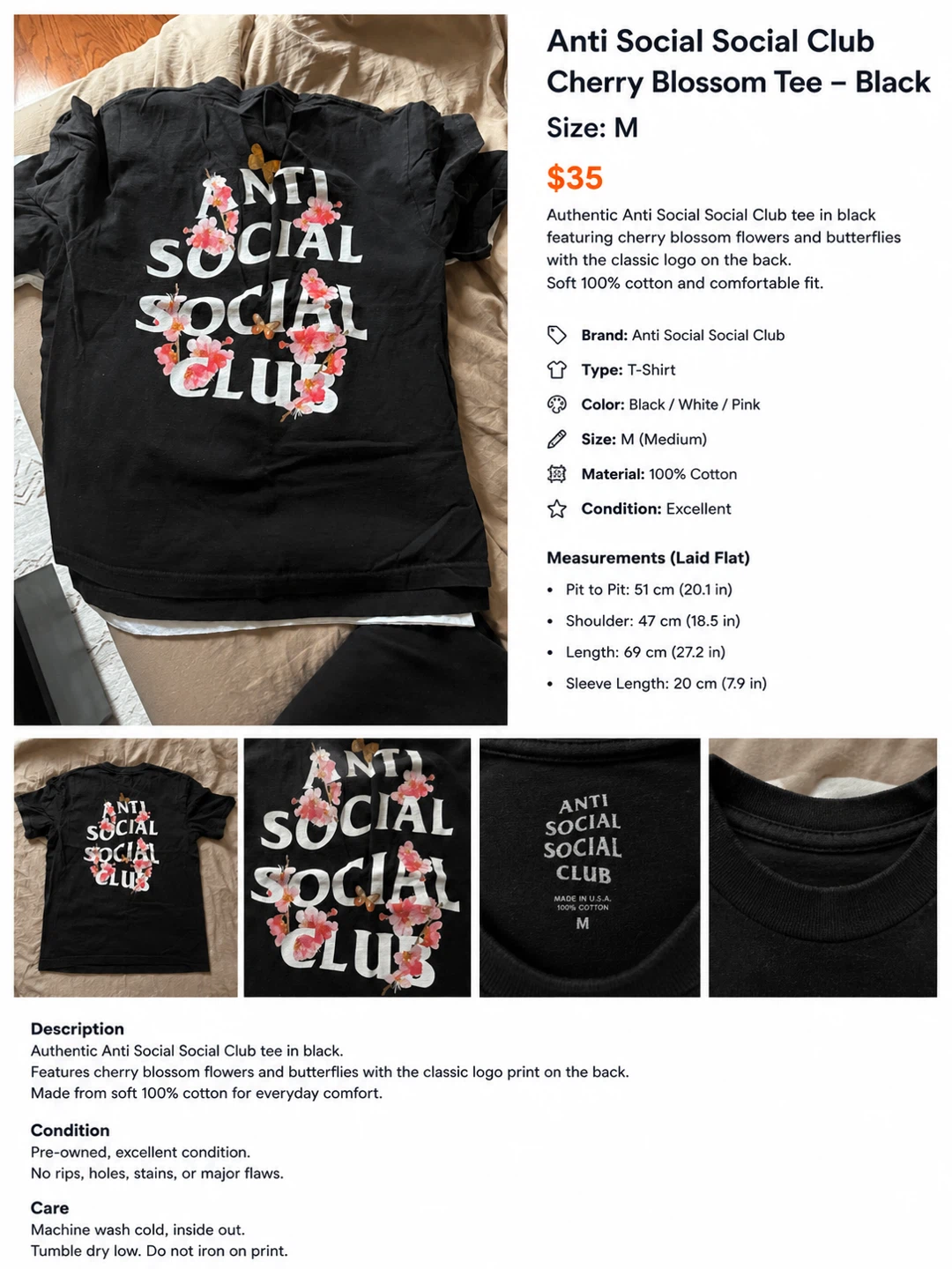 Anti Social Social Club Cherry Blossom Tee - Black - Medium