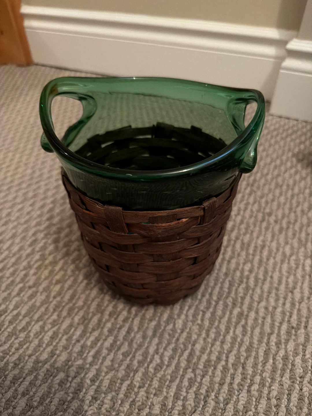 Green Glass Vase with Wicker Basket Base