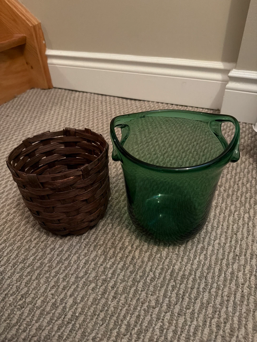 Green Glass Vase with Wicker Basket Base - photo 2