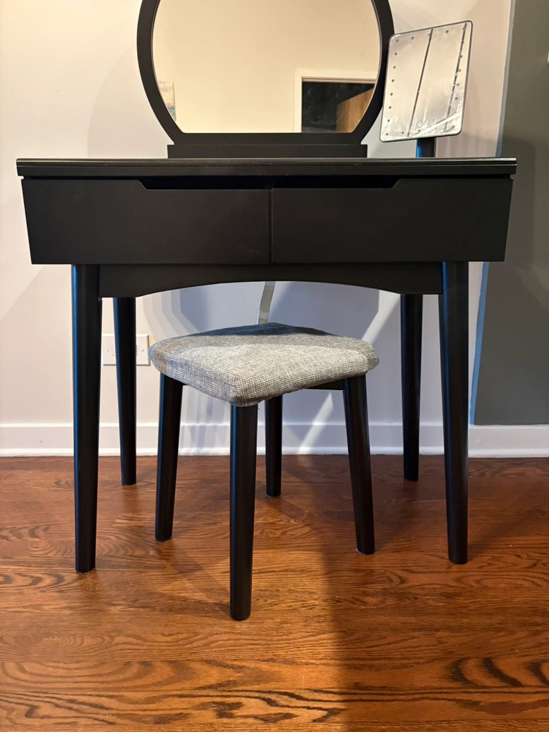 Black Vanity Desk with Round Mirror and Stool - photo 2