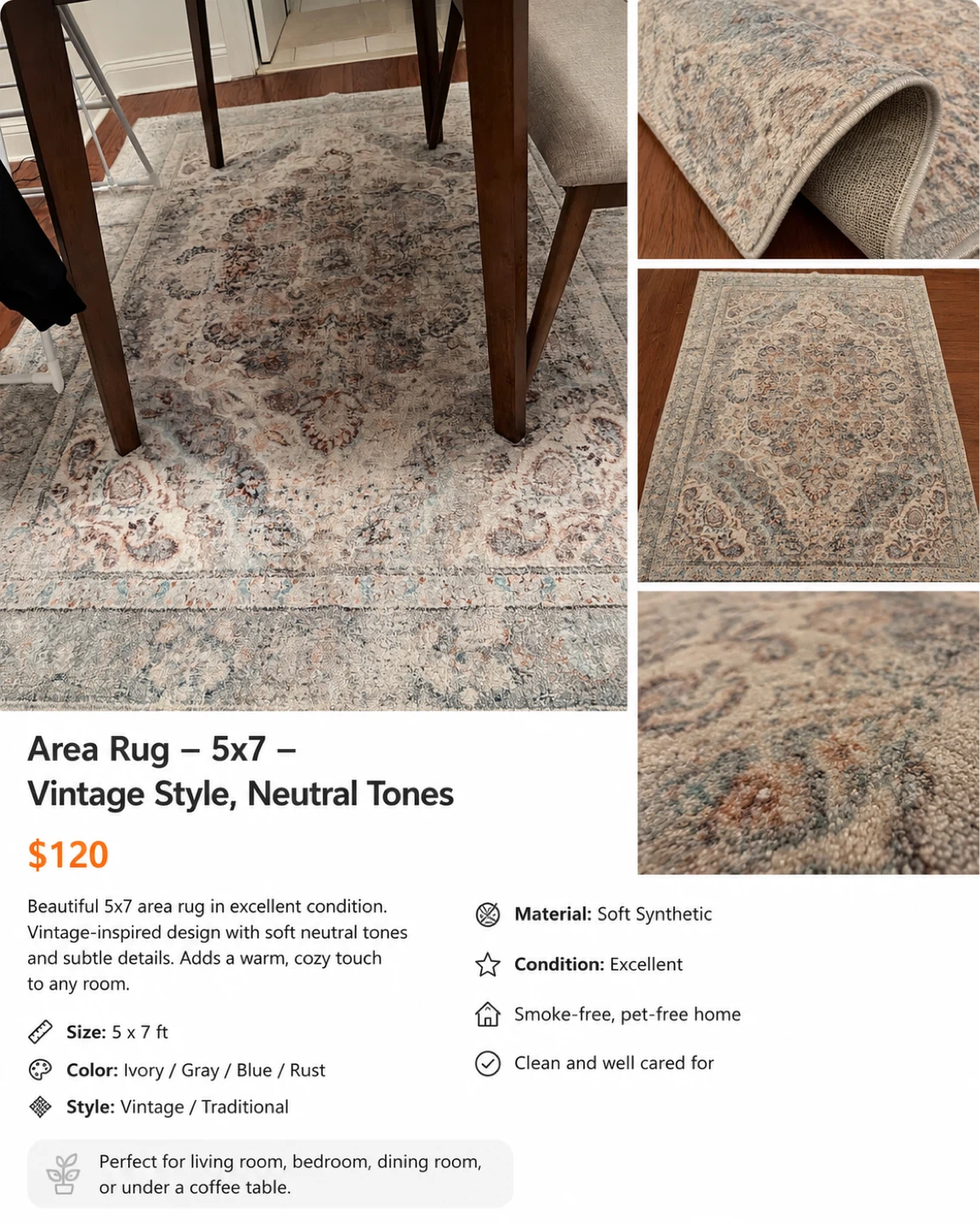 Area Rug - 5x7 - Vintage Style, Neutral Tones