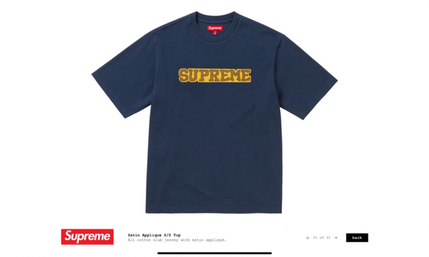brand new Supreme Satin Appliqué S/S Top Navy Size L