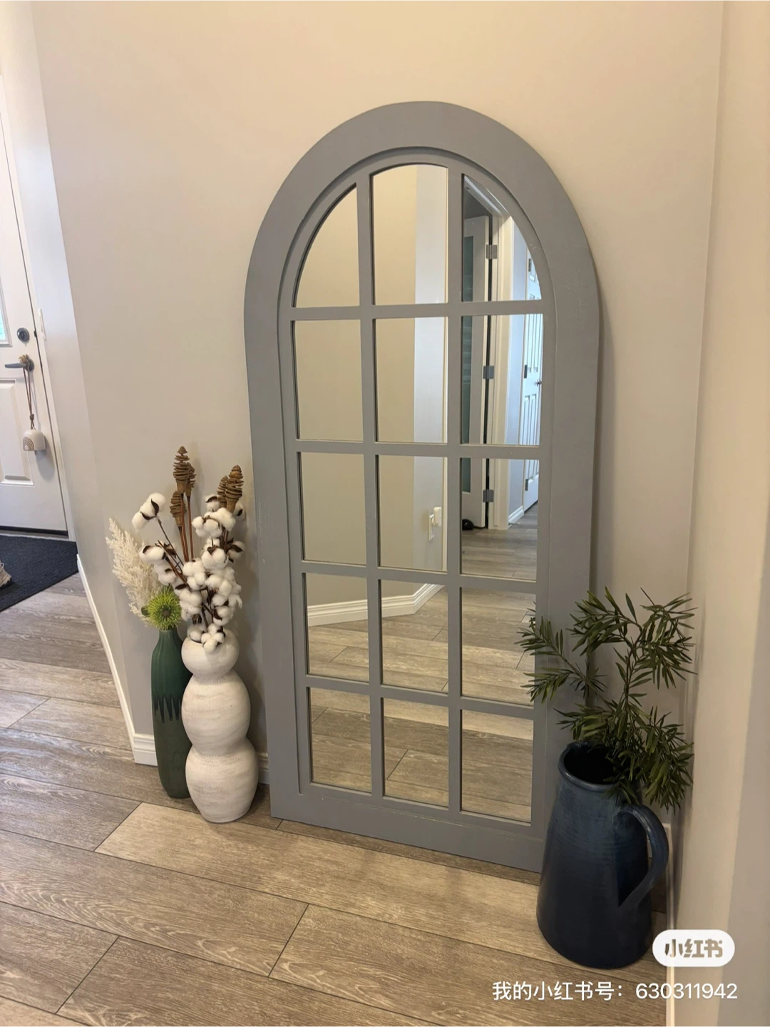Grey Arch Windowpane Mirror