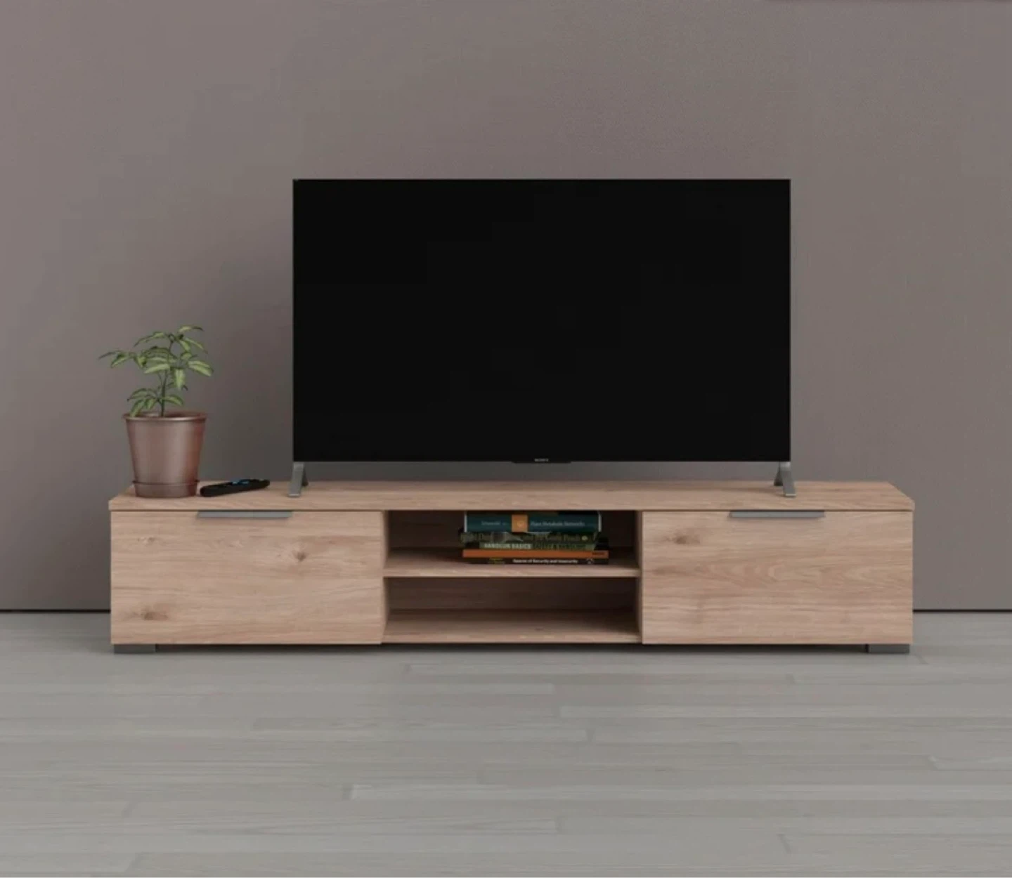 Light Oak 68” TV Stand with Drawers and Shelves