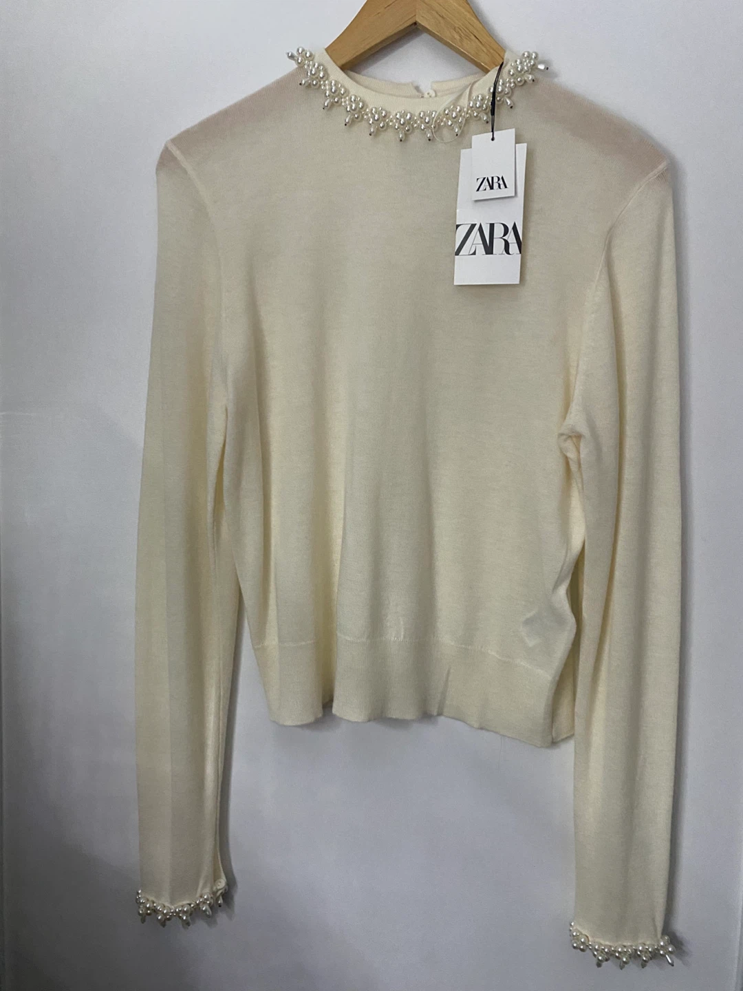 Zara Cream Pearl Embellished Knit Sweater Size M