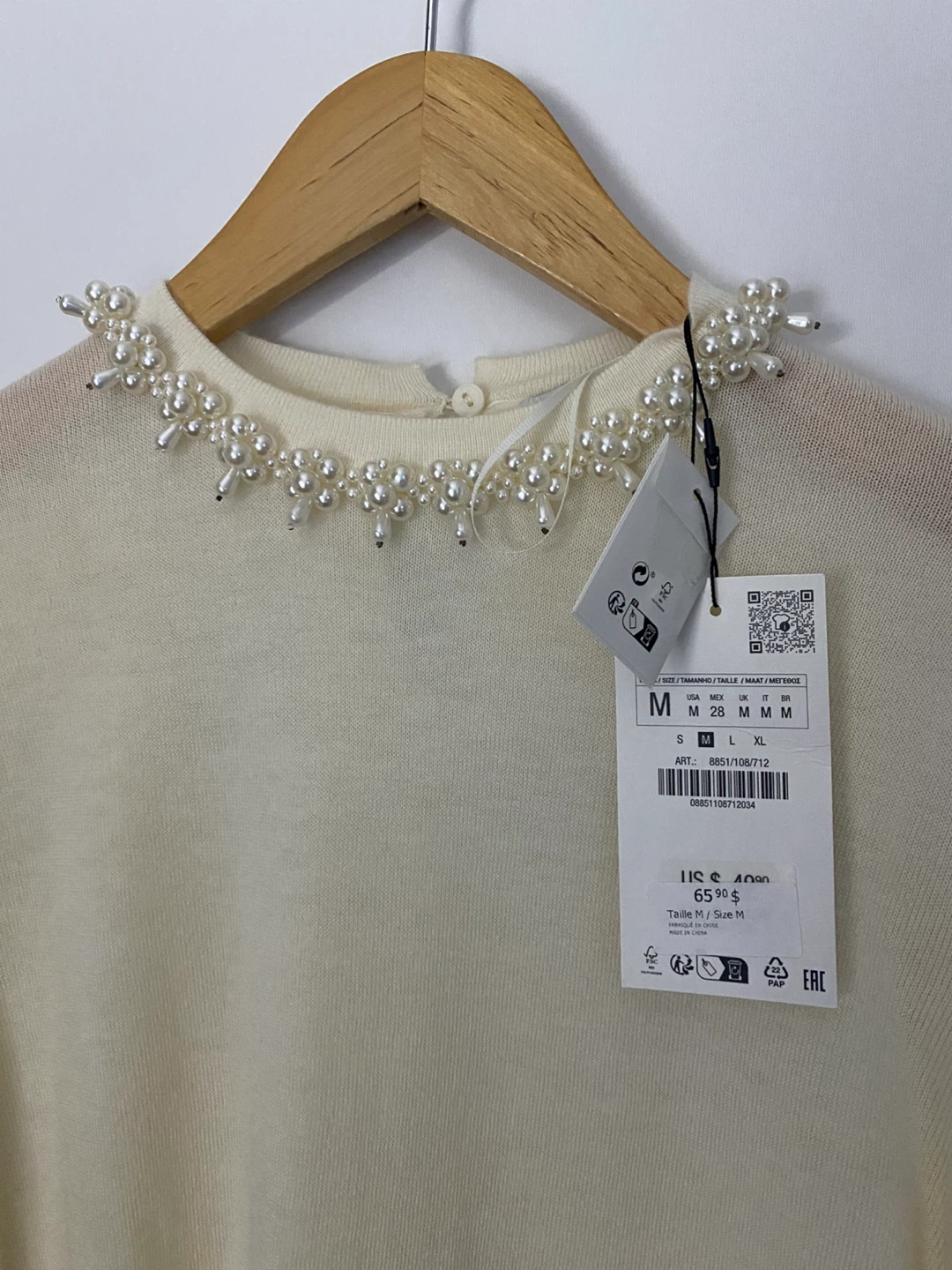 Zara Cream Pearl Embellished Knit Sweater Size M - photo 2