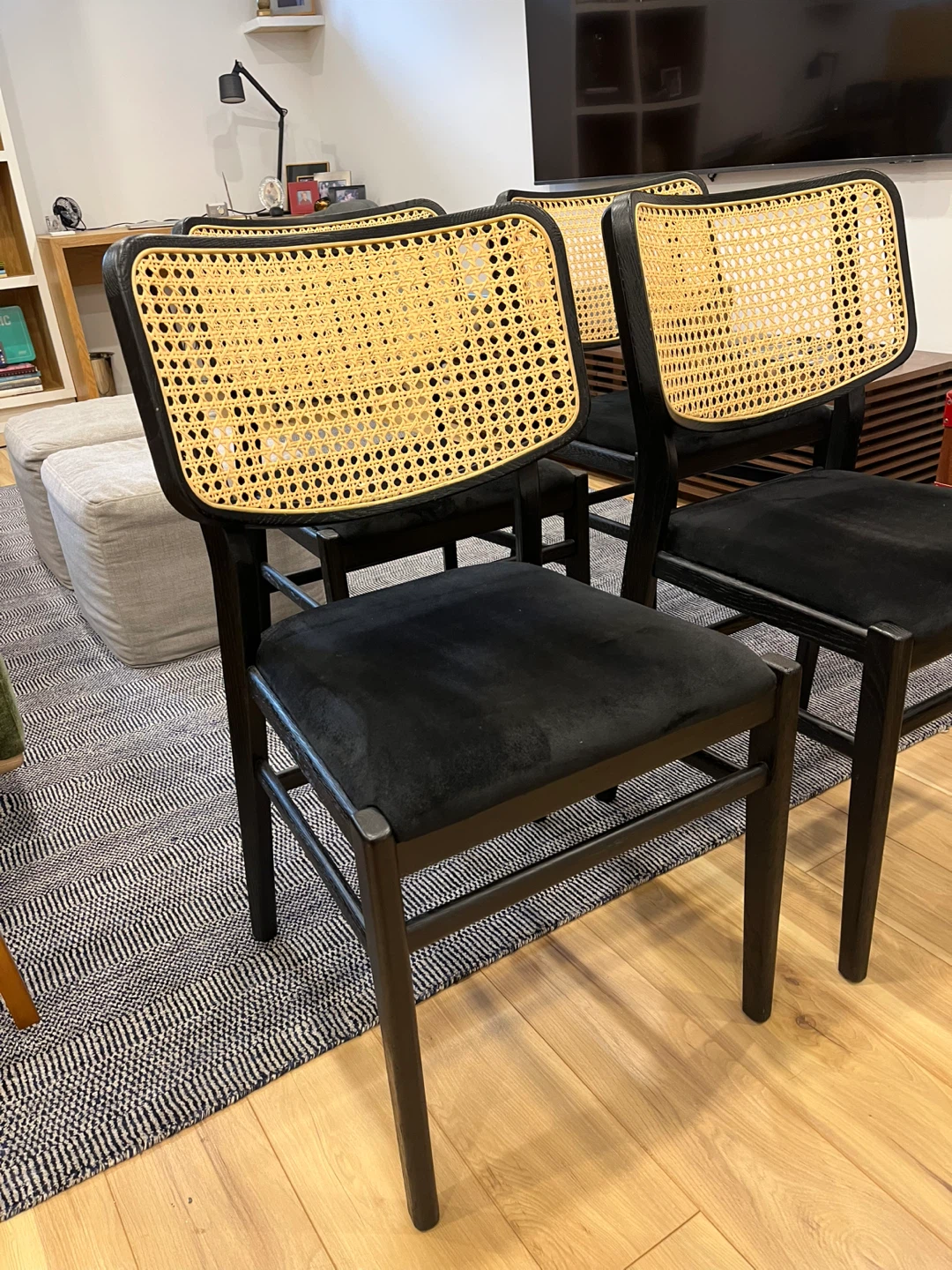 Set of 4 Black Upholstered Chairs with Rattan Backs