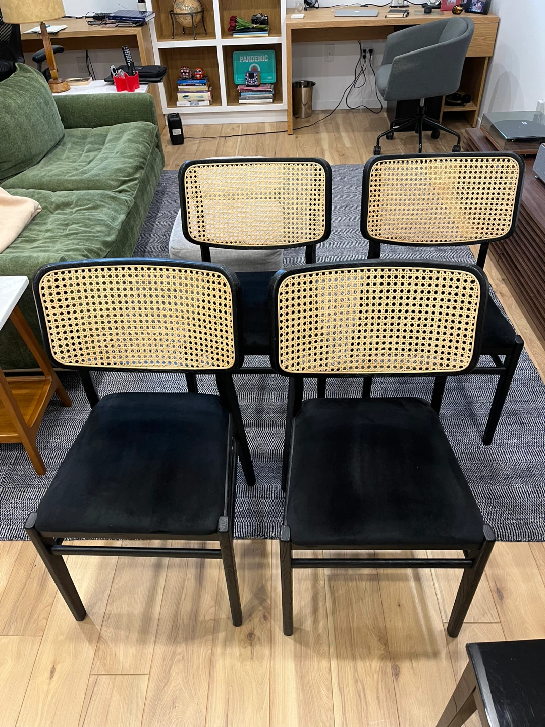 Set of 4 Black Upholstered Chairs with Rattan Backs - photo 2