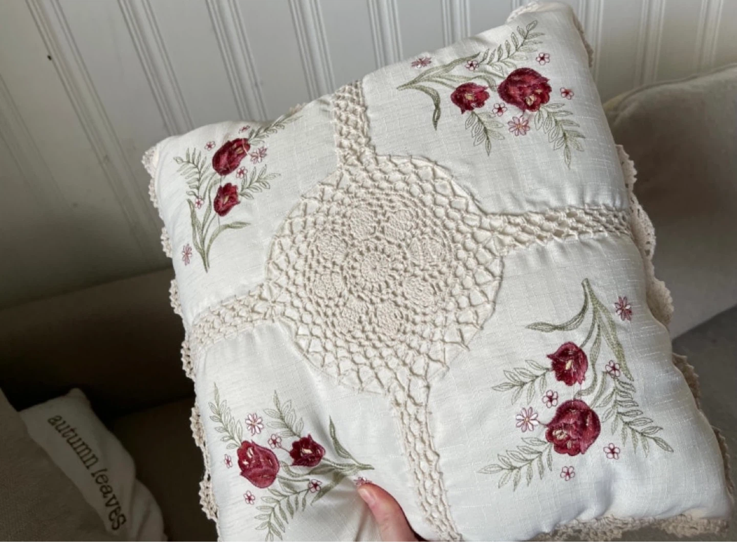 Embroidered Throw Pillow with Lace Trim - photo 2