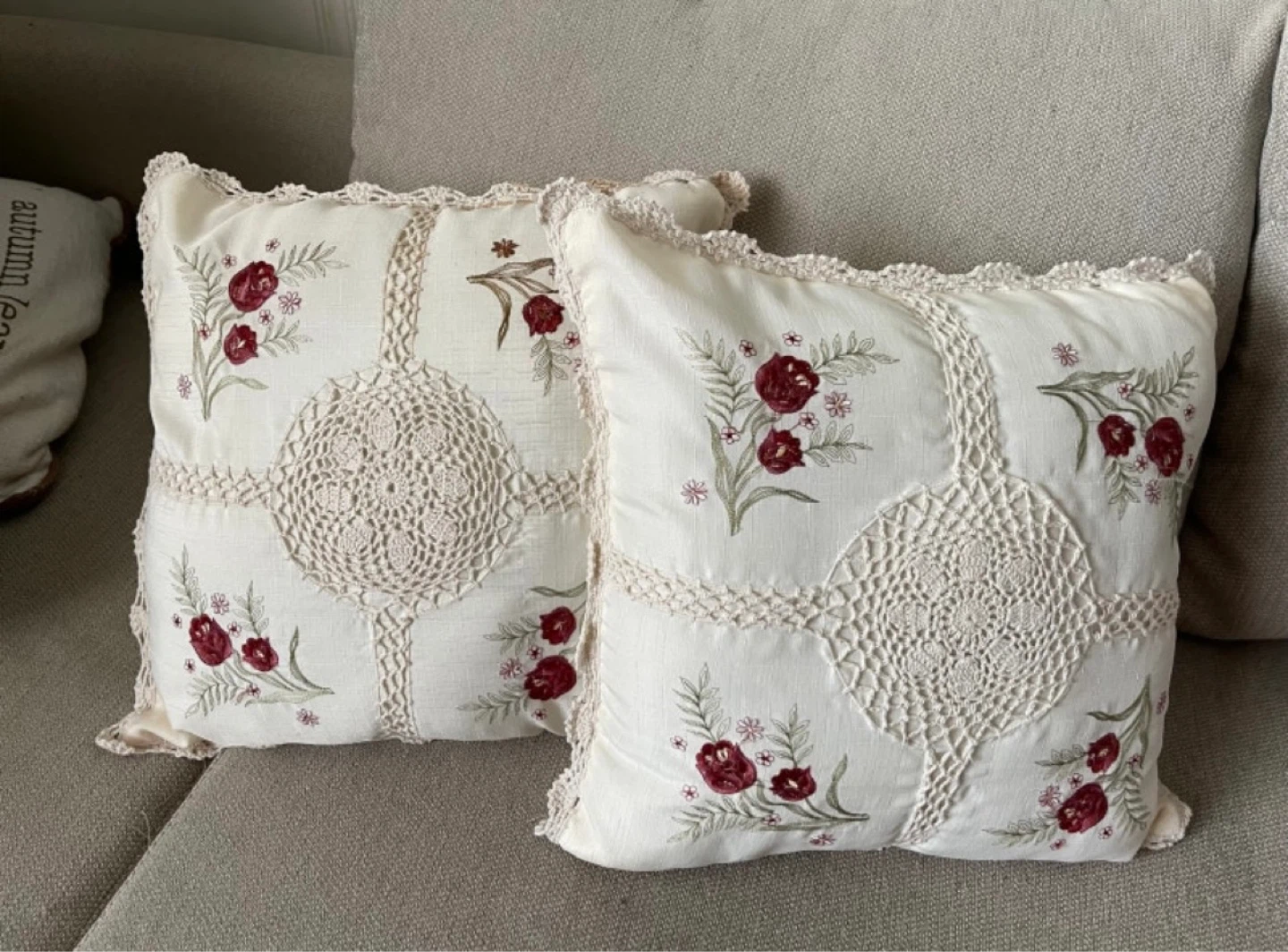 Embroidered Throw Pillow with Lace Trim