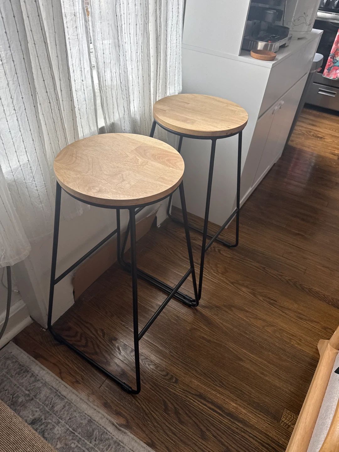 Set of 2 Wood Top Bar Stools with Black Metal Legs