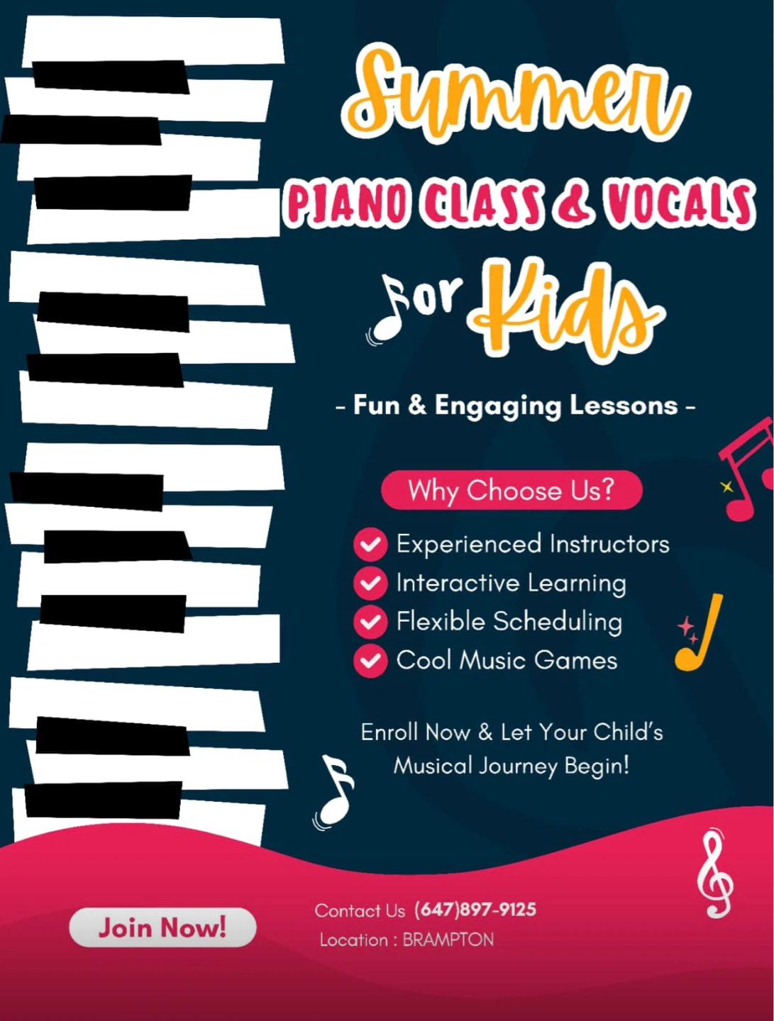 Summer Piano & Vocals Classes for Kids in Brampton