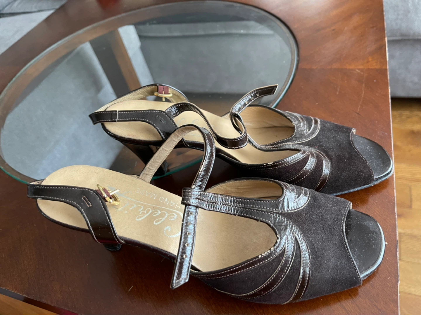Celebrity Handmade Women's Brown Suede Peep Toe Heels - Size 8.5