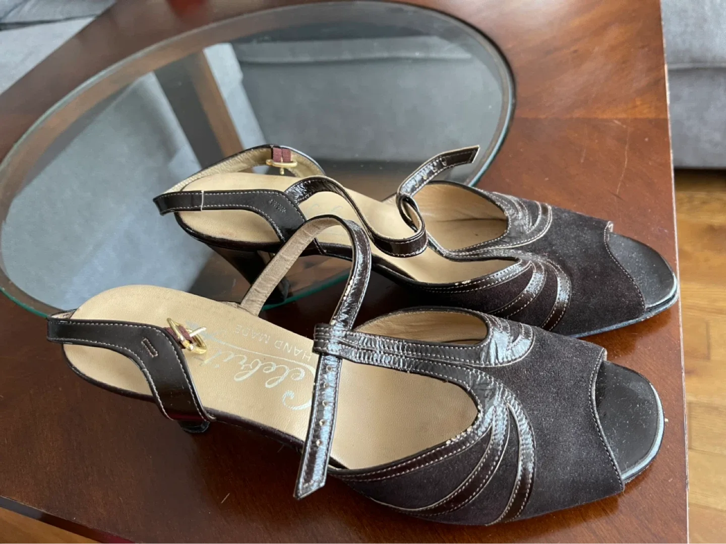 Celebrity Handmade Women's Brown Suede Peep Toe Heels - Size 8.5