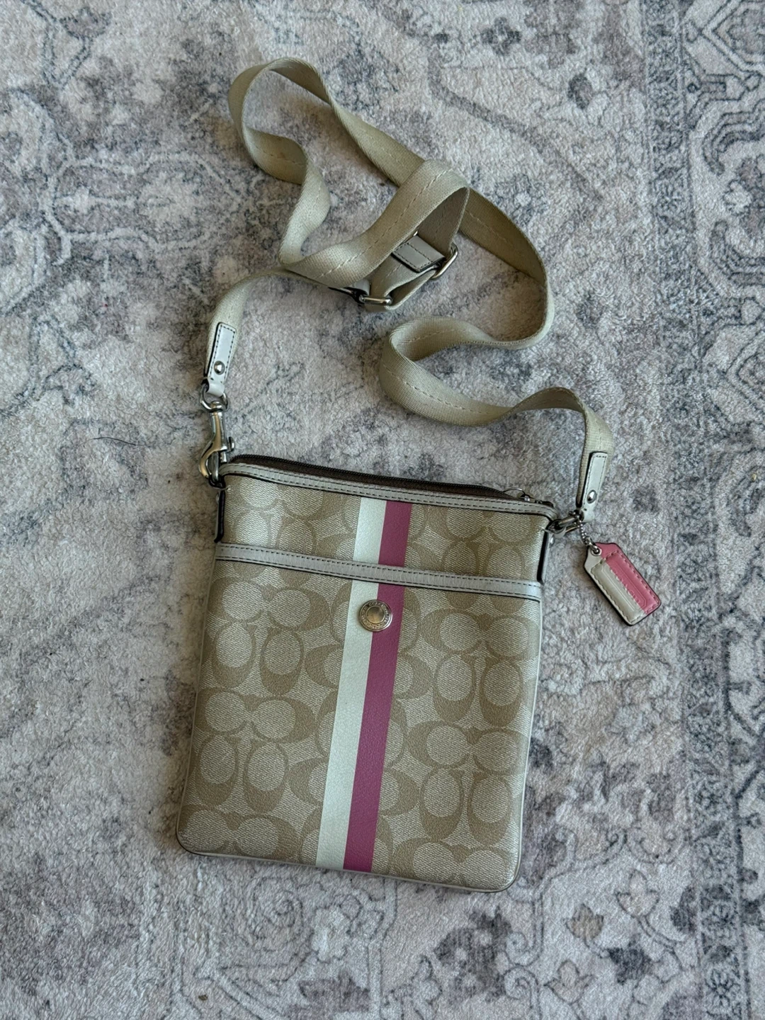 Coach Monogram Crossbody Bag with Pink Stripe Detail