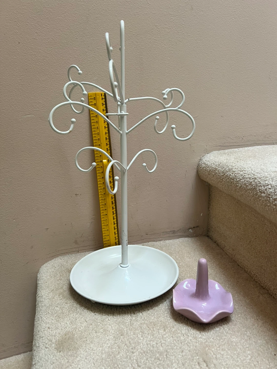 White Metal Jewelry Tree Stand with Ring Dish