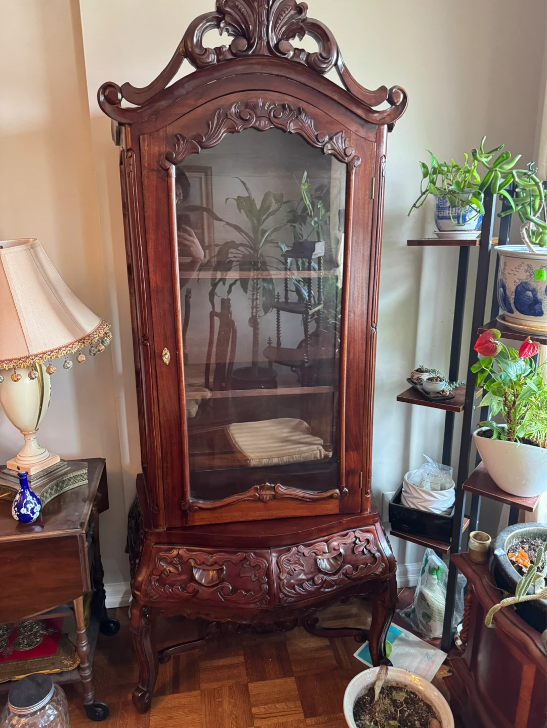 Antique Carved Mahogany Display Cabinet