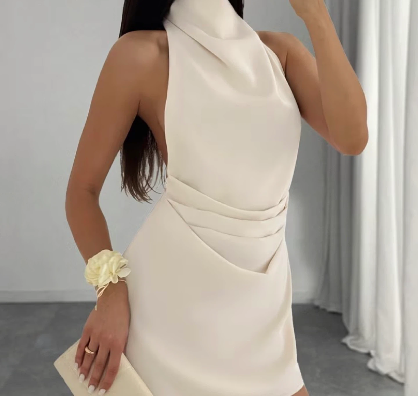 White Halterneck Draped Mini Dress